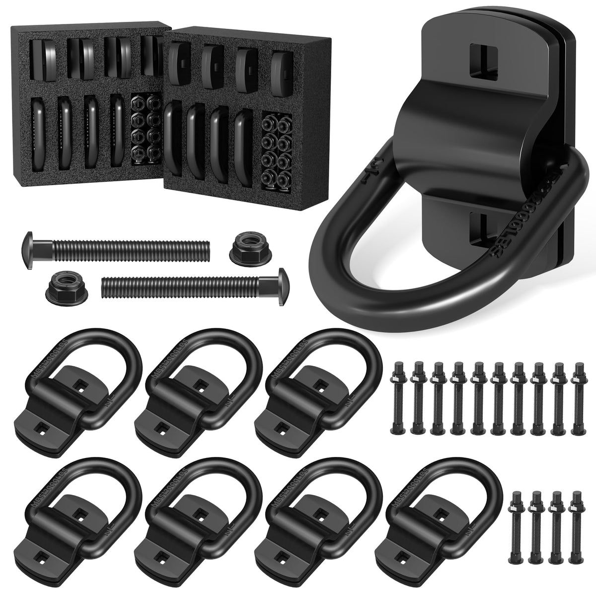 XaXmTee front view of 8-pack D-ring anchors showing complete kit and hardware for reliable tie-downs