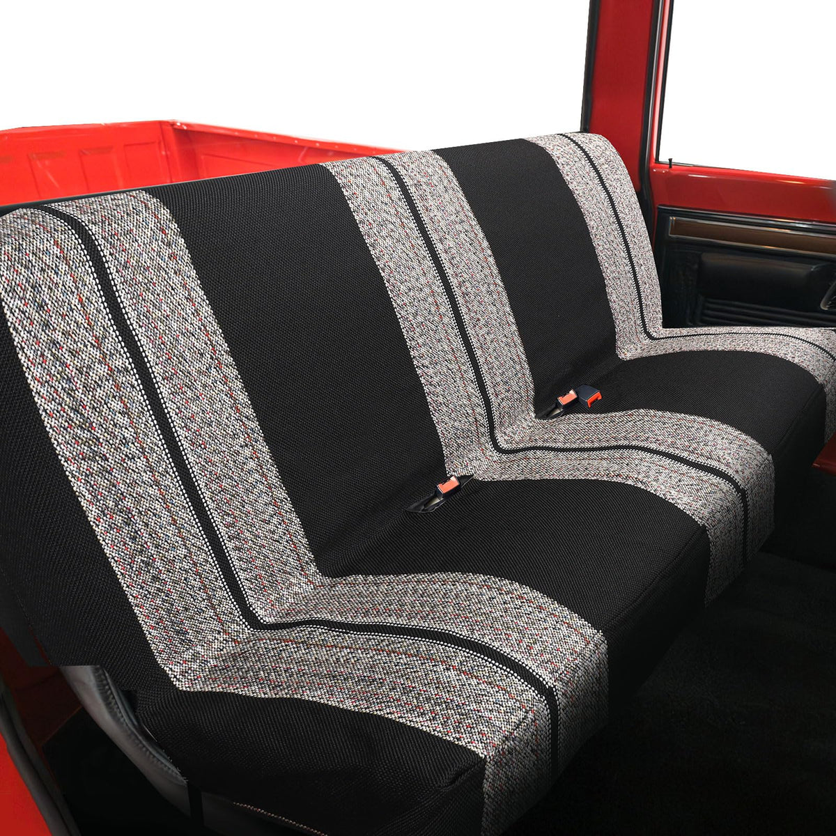 XCAR front view of black bench seat cover showing full coverage and clean look
