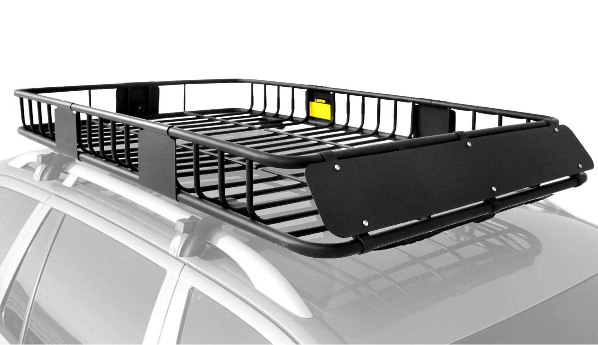 XCAR roof basket front view showing full cargo area and durable rails for extra storage