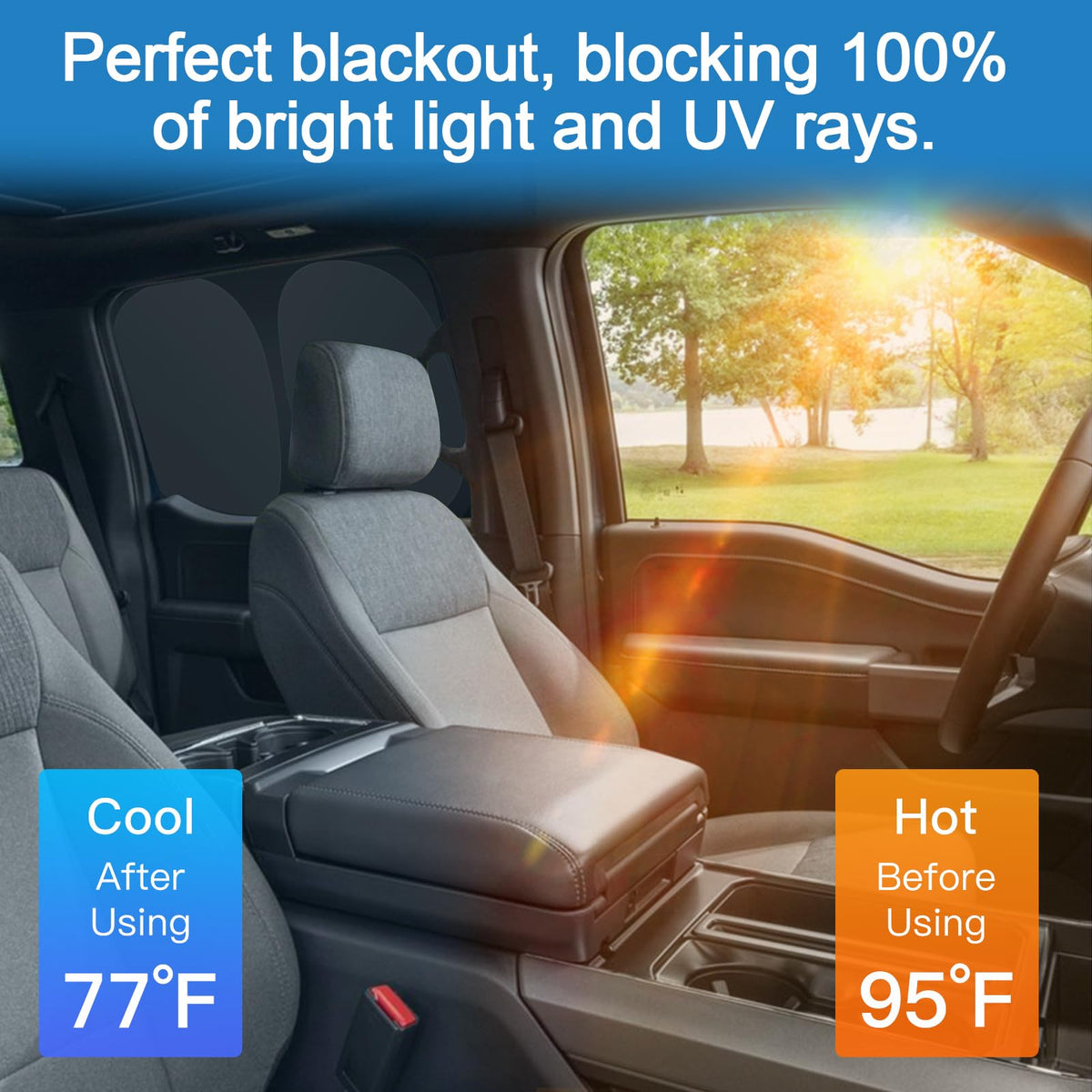 XCBYT windshield shade installed in F150 demonstrating sun reduction and cooler cabin