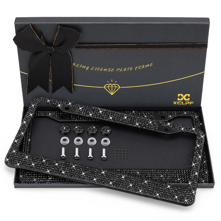 XCLPF front view of two sparkly license plate frames showing glam finish