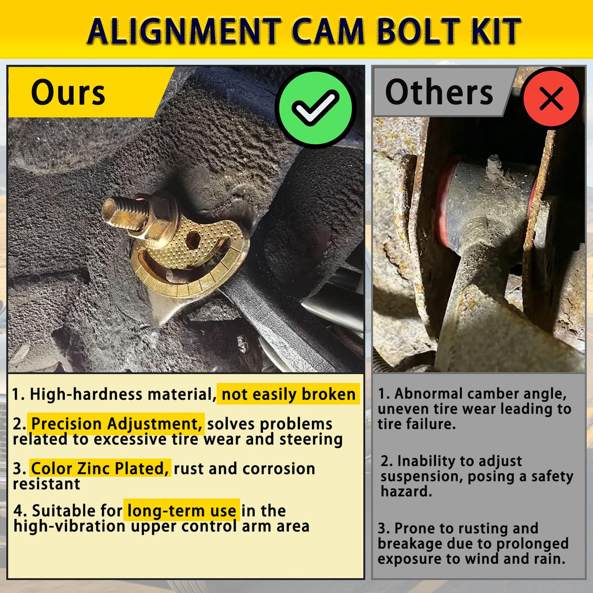 XDDPRO cam bolt installed on upper control arm demonstrating restored wheel geometry