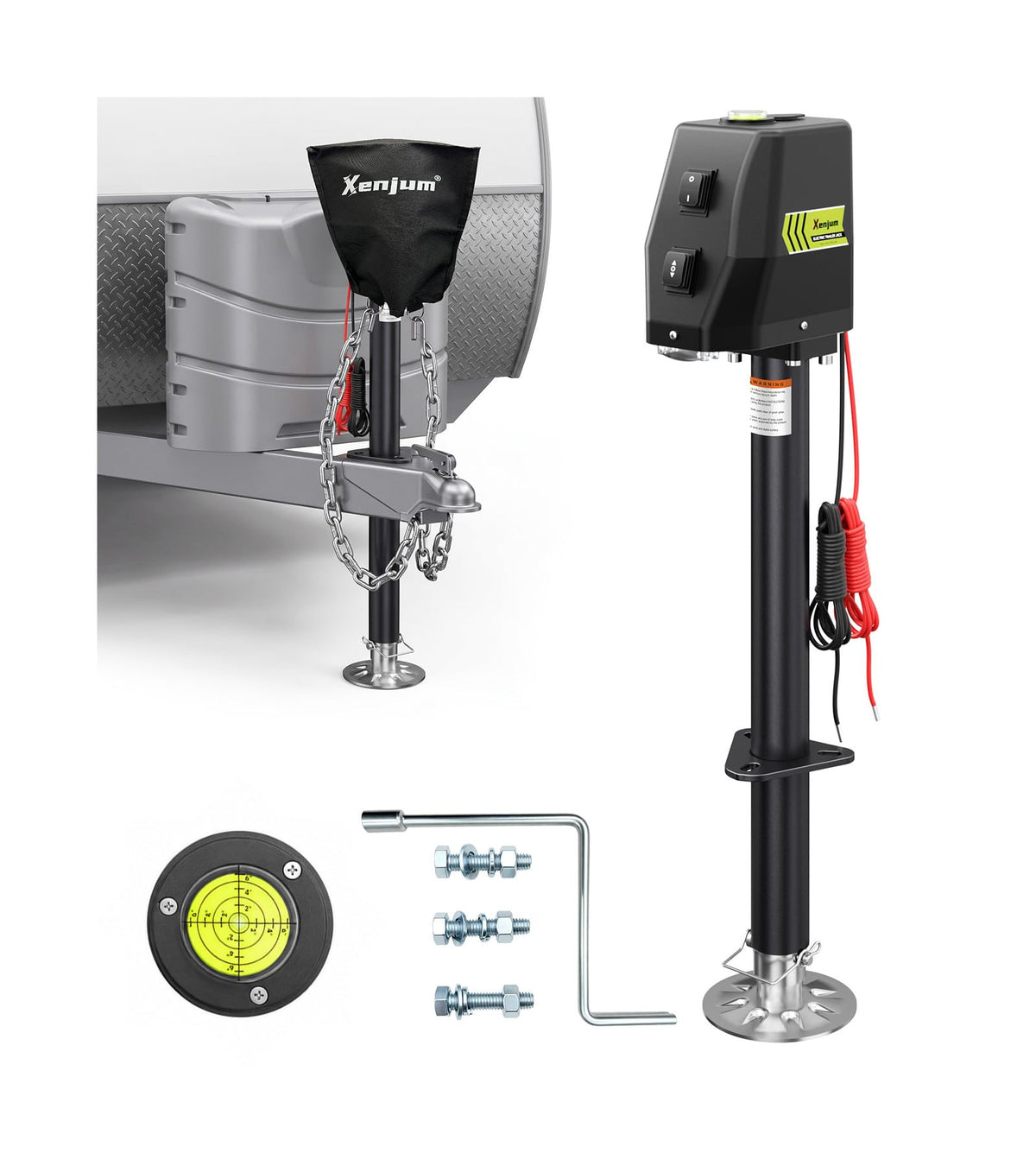 Xenjum front view of electric trailer jack showing sturdy base and mount for durable support