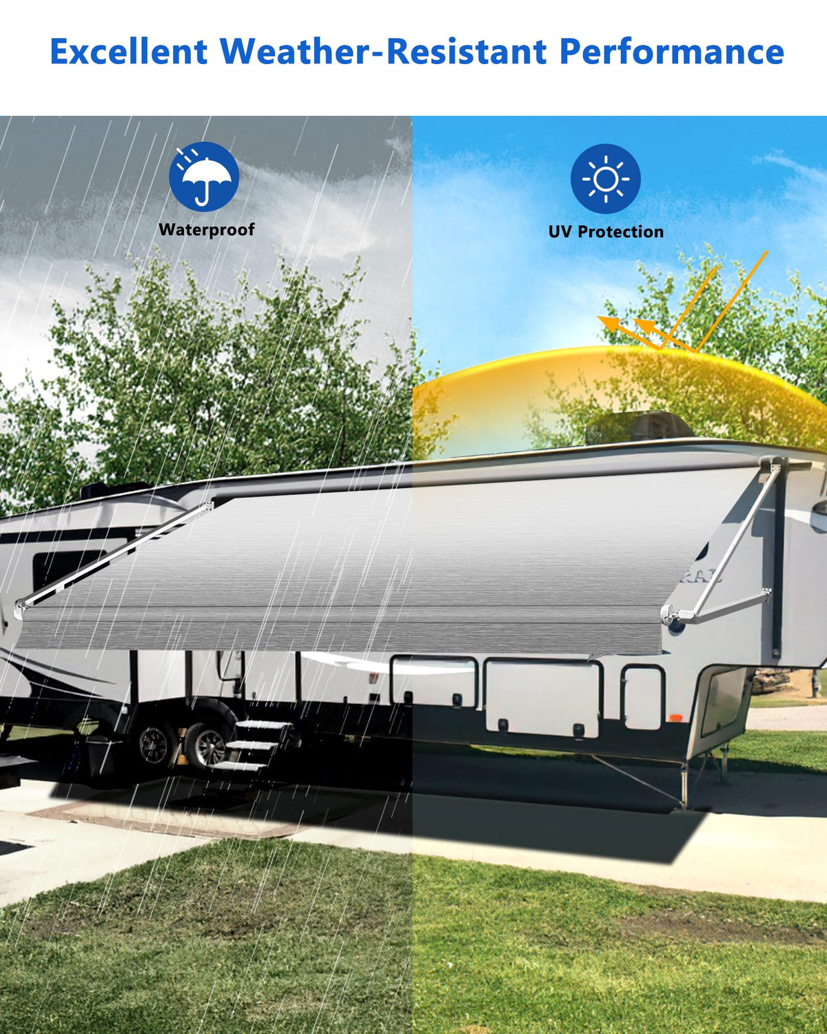 Xenjum awning mounted on RV showing shade and weather protection benefit