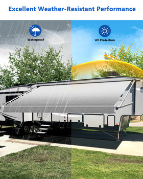 Xenjum awning mounted on RV showing shade and weather protection benefit