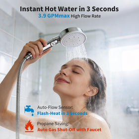 Xenjum shower kit installed in RV bathroom illustrating immediate hot water use