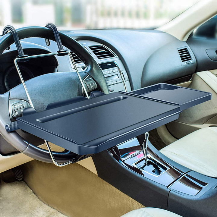 Xergur front view of black car desk showing compact surface and edges, convenient workspace