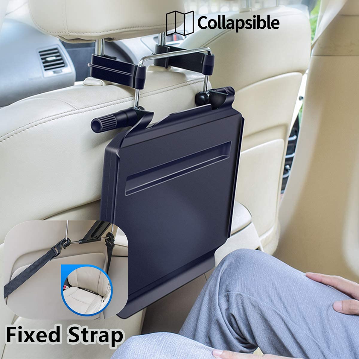 Xergur desk attached to rear headrest with strap, creating passenger workstation