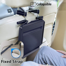 Xergur desk attached to rear headrest with strap, creating passenger workstation