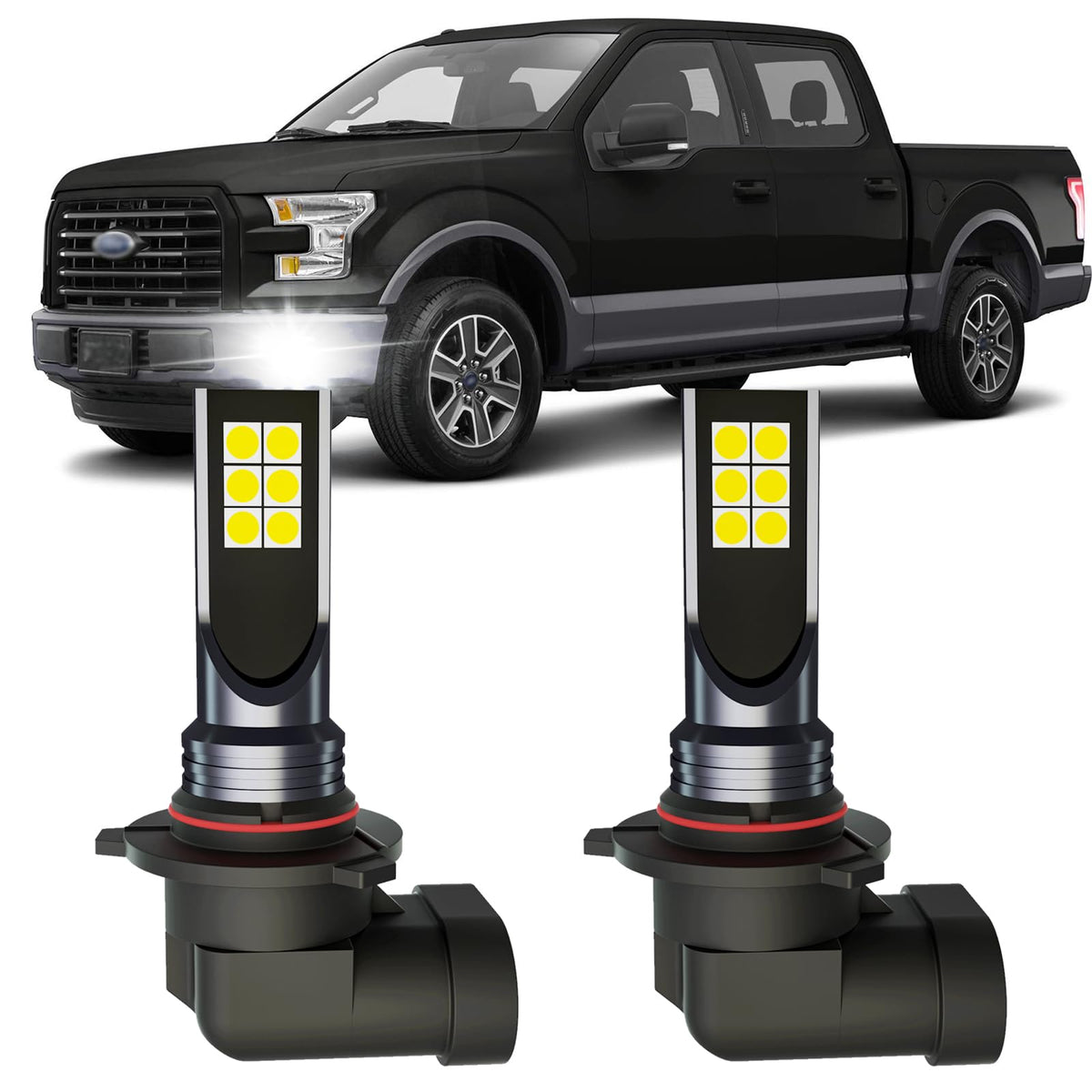 XFLHEHD front view of two fog bulbs showing plug‑and‑play fit and improved visibility