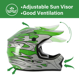 XFMT green flame side profile displaying visor and aerodynamic shape for comfort