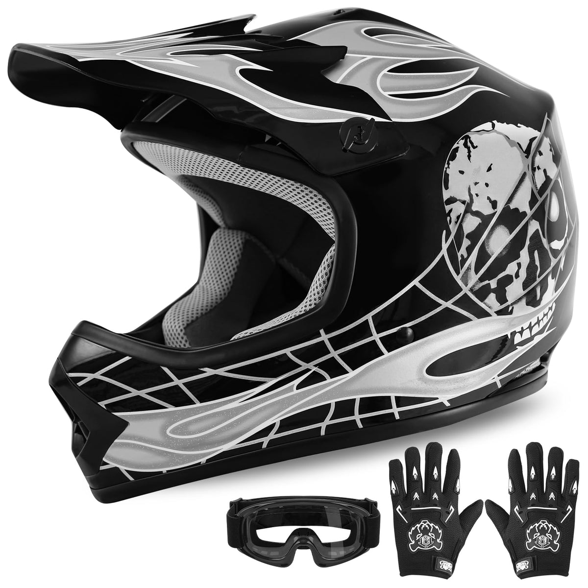 XFMT helmet front view black skull showing full-face protection and style