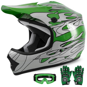 XFMT helmet front view showing green flame design and protective coverage