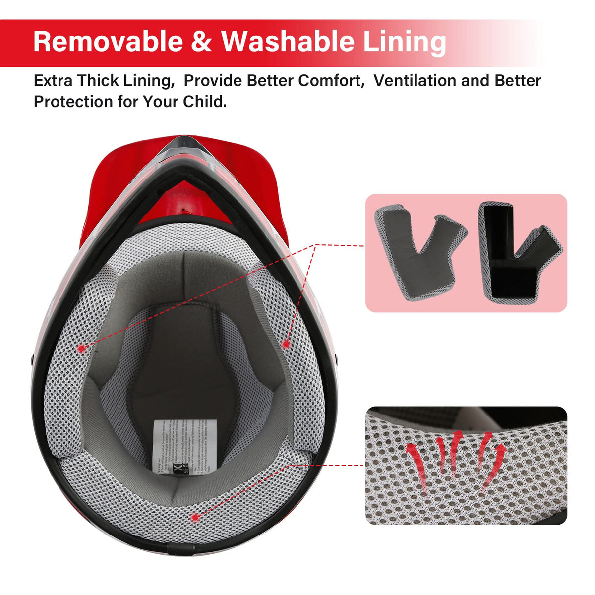 XFMT interior liner close-up showing washable padding for comfort