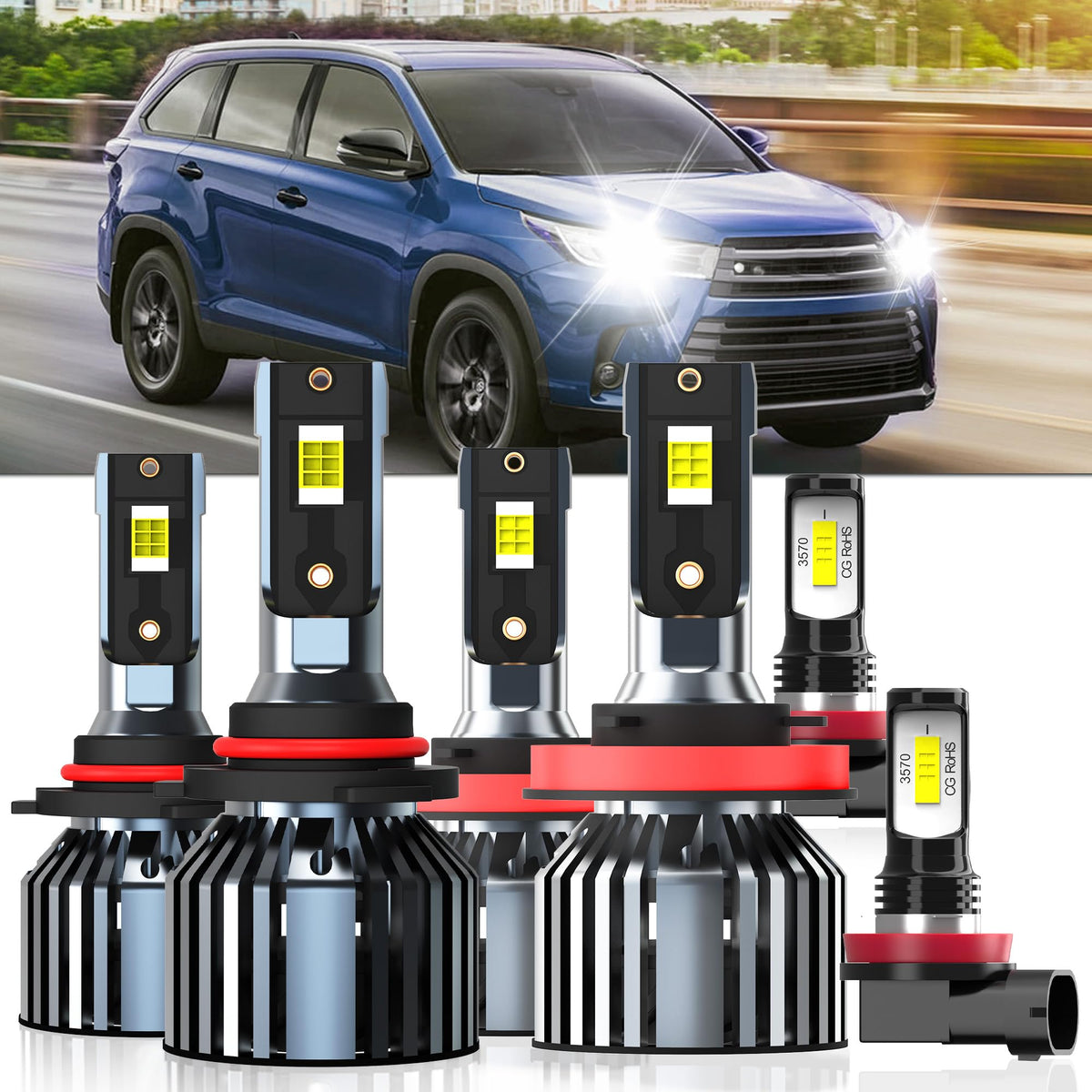 XG Glitter front pack showing Highlander-compatible bulbs and easy install benefit