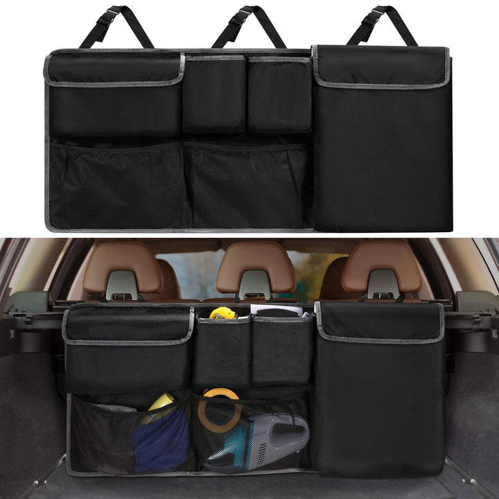 XHRING front view of hanging organizer showing six pockets and tidy storage benefit