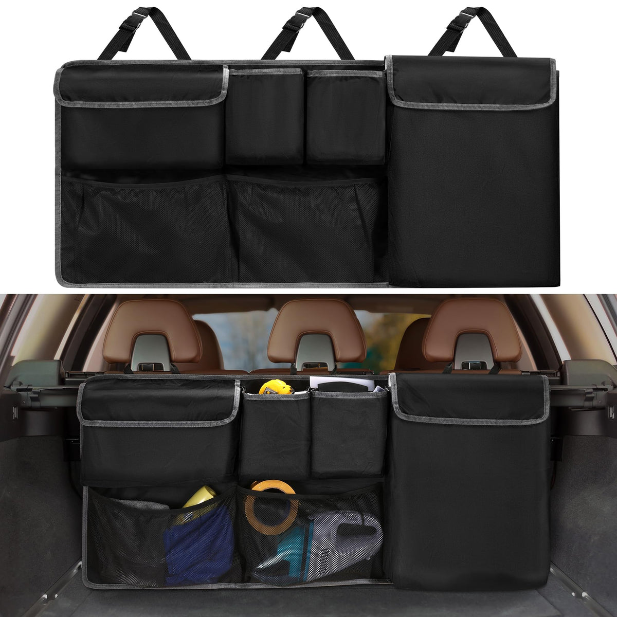 XHRING front view showing organizer fit and pockets for easy trunk order