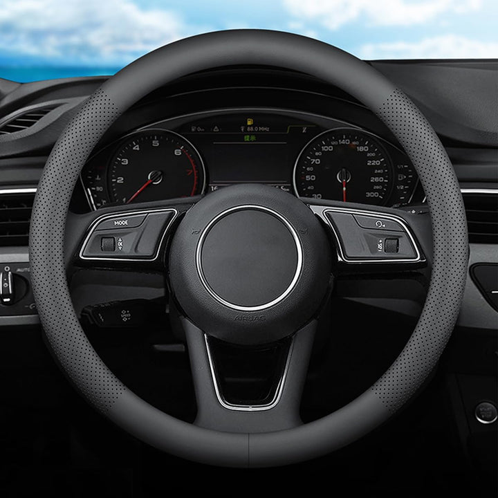 XHRING steering wheel cover front view showing sleek black finish and fit benefit
