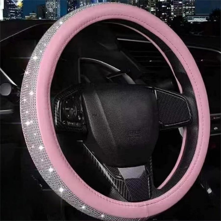 XIANGDING front view of pink rhinestone steering wheel cover showing stylish look and visibility