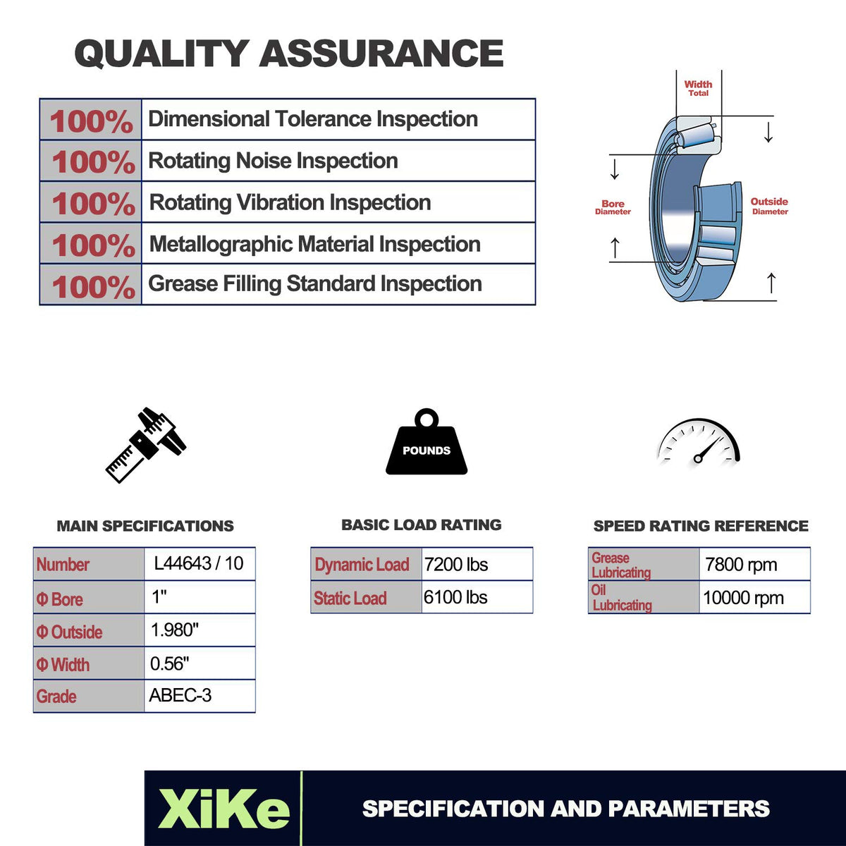 XiKe chrome steel bearing close-up showing smooth races for durability benefit