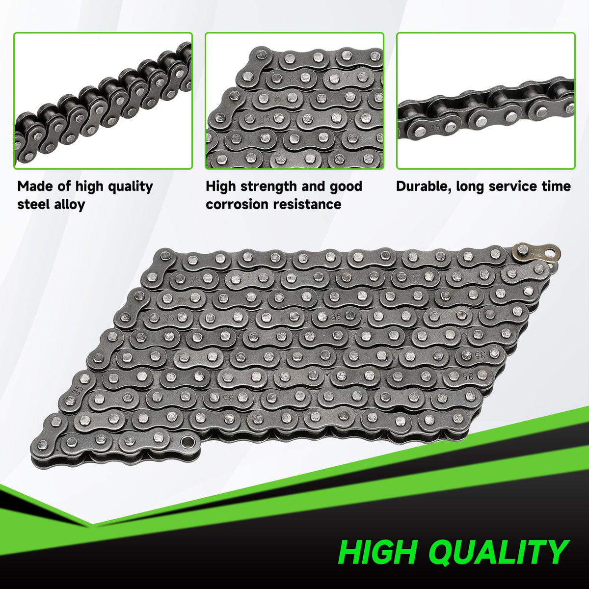 XIKOBY close-up of #35 chain rollers highlighting durable carbon-steel construction
