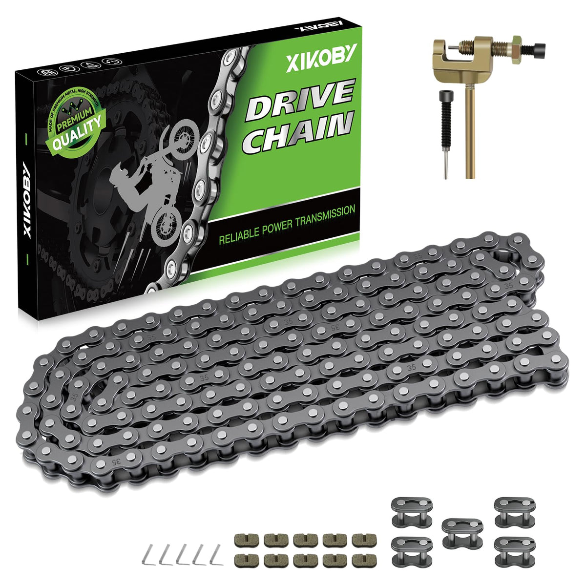 XIKOBY front packaging showing complete chain kit and included parts for quick repairs