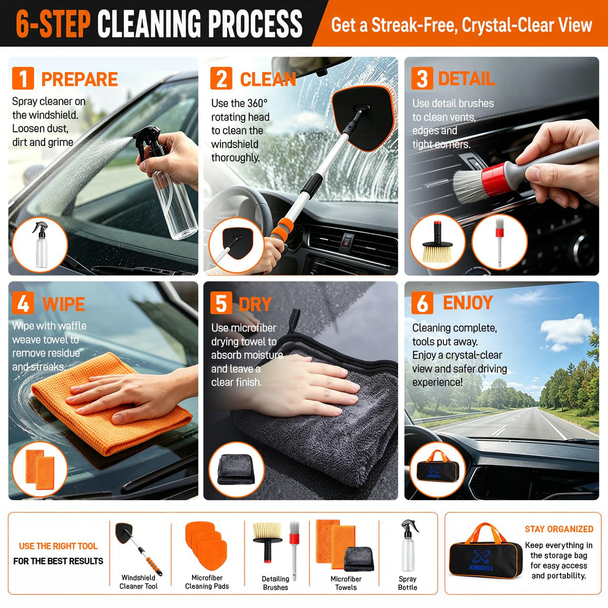 XINDELL detailing brushes and spray bottle for targeted edge cleaning