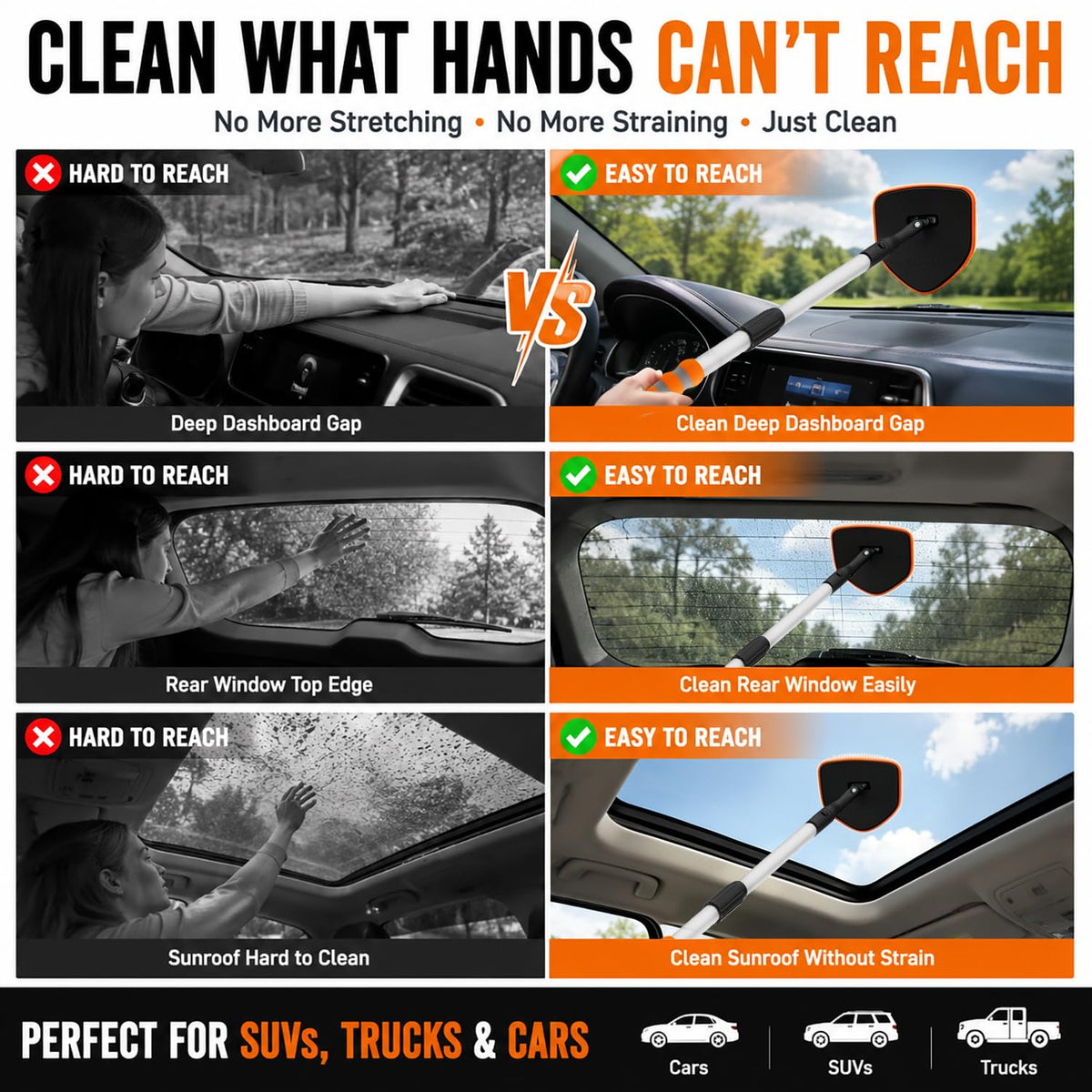 XINDELL extendable handle fully extended to reach deep dashboard areas