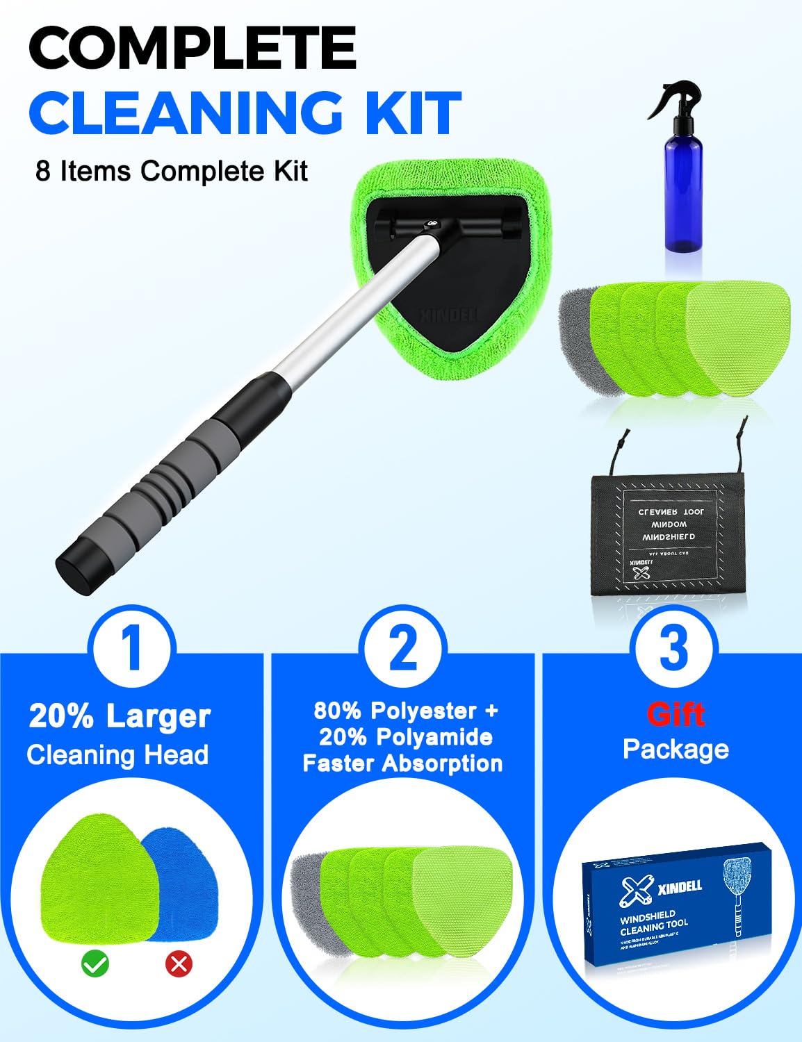XINDELL extended handle in use reaching top windshield for easier cleaning