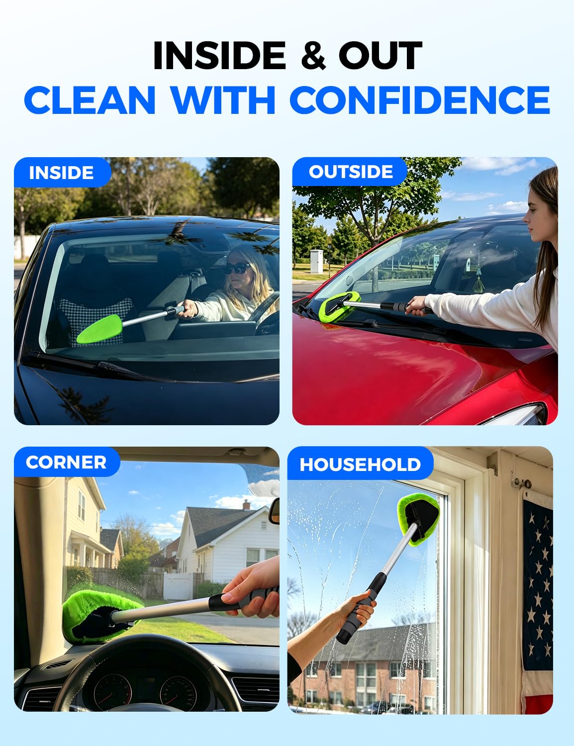 XINDELL tool positioned inside car interior for streak-free visibility benefit