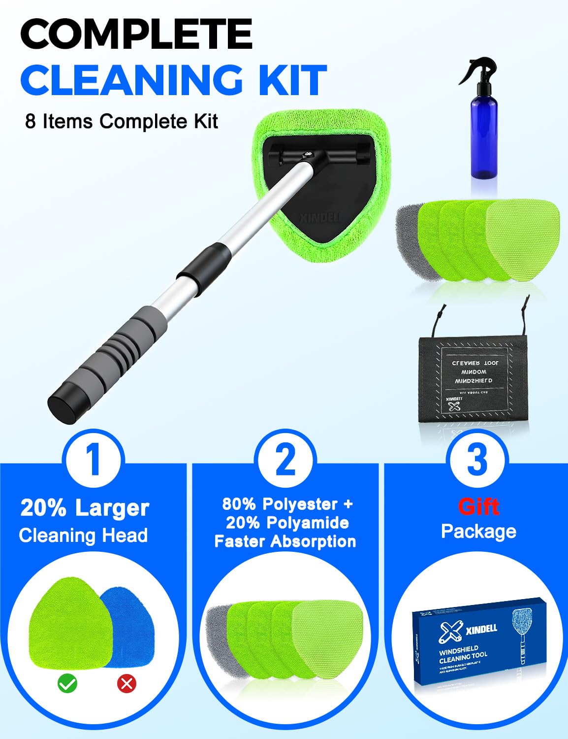XINDELL tool used from driver seat to clean interior windshield safely