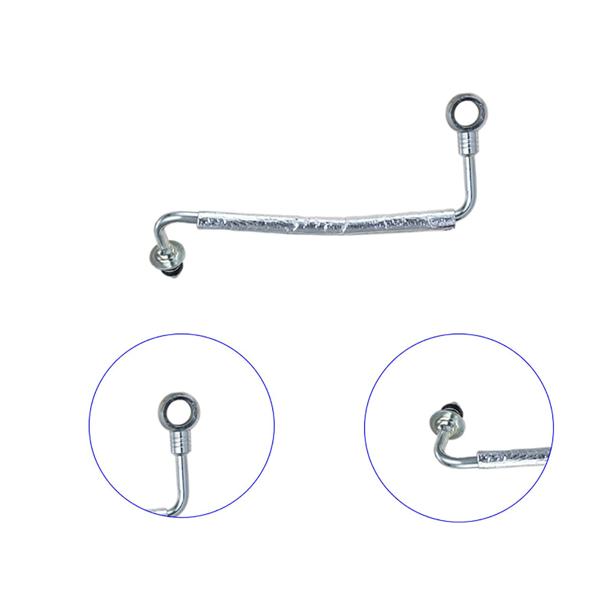 Xintre coolant return hose detail showing flexible 8.5 inch section for correct routing