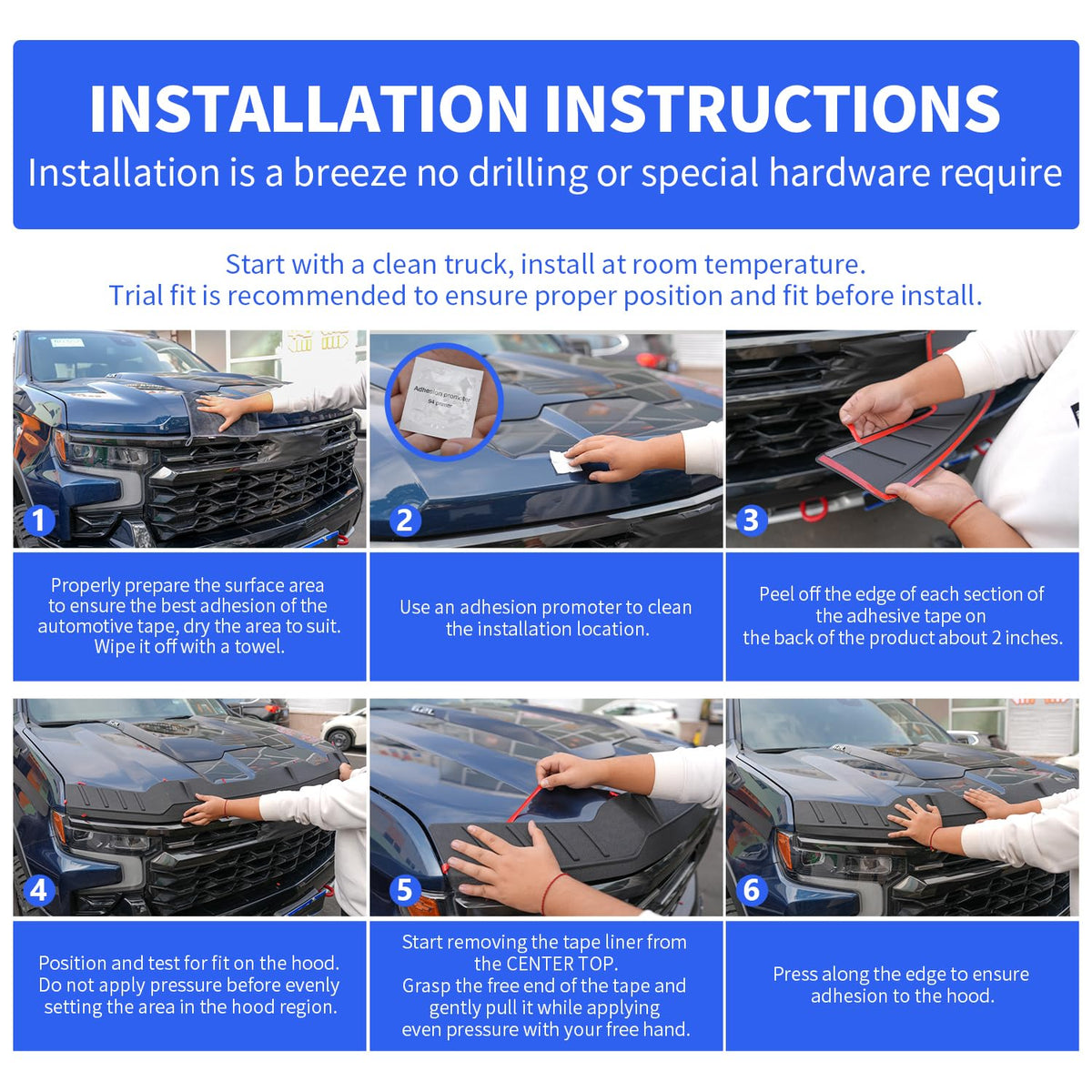 Xipoo deflector installed on F-150 hood, illustrating easy adhesive fit