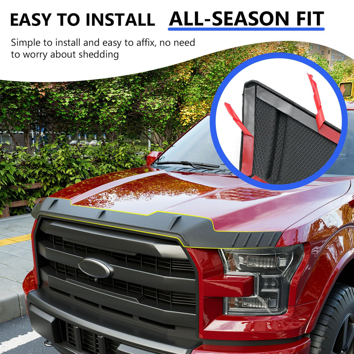 Xipoo side profile highlighting curved fit to F-150 bonnet for protection