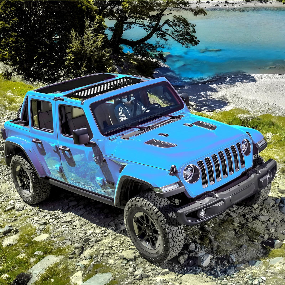 Xishuihe sunshade on parked Jeep showing cooler shaded interior