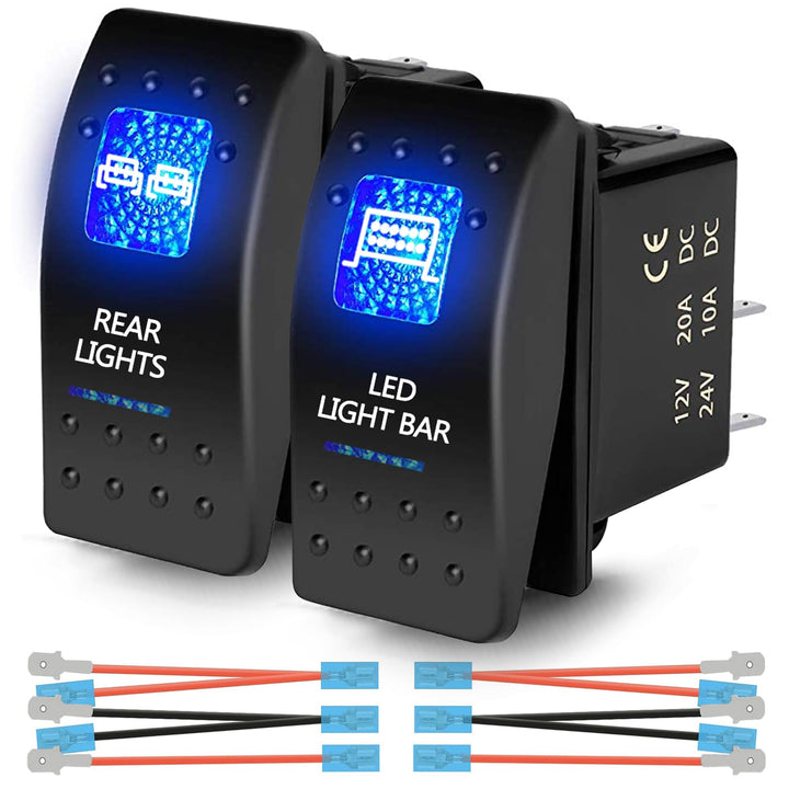 Xislet front view of two rocker switches showing clean bezels and blue LEDs for easy identification