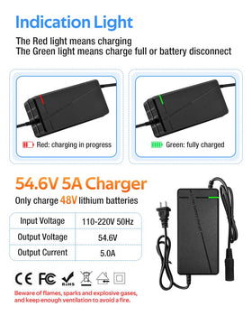 XIUWK charger label closeup showing voltage and safety specifications