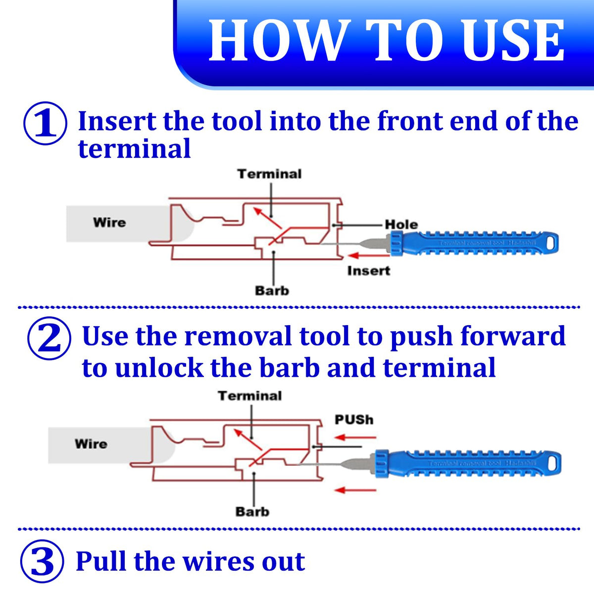 XLWJBES tool inserted into automotive connector demonstrating safe extraction