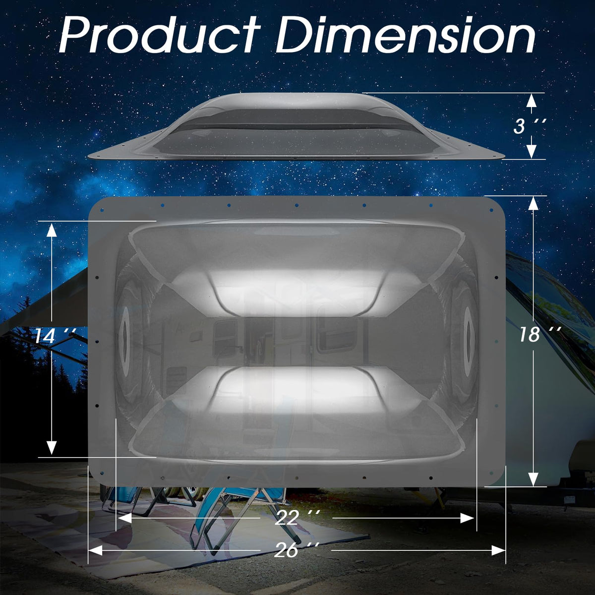 XMK dome on RV roof with tape measure showing scale and installation ease