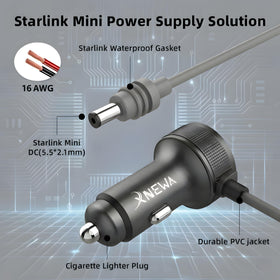 XNEWA adapter installed in vehicle powering Starlink Mini for uninterrupted internet
