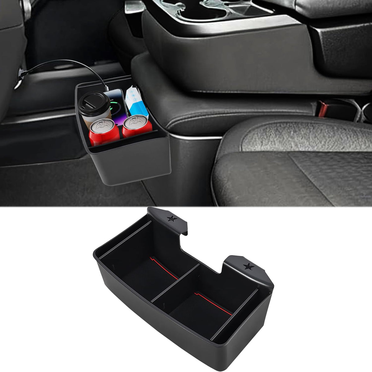 Xomzema front view armrest tray showing neat storage benefit
