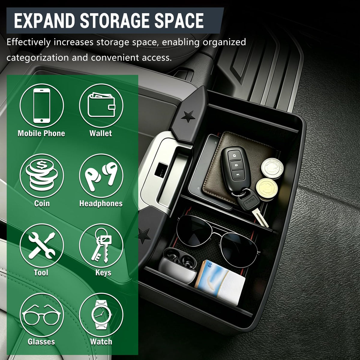 Xomzema installed under armrest keeping items reachable benefit
