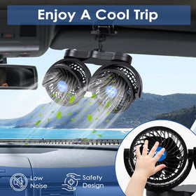 XOOL fan clamped to headrest providing targeted backseat ventilation