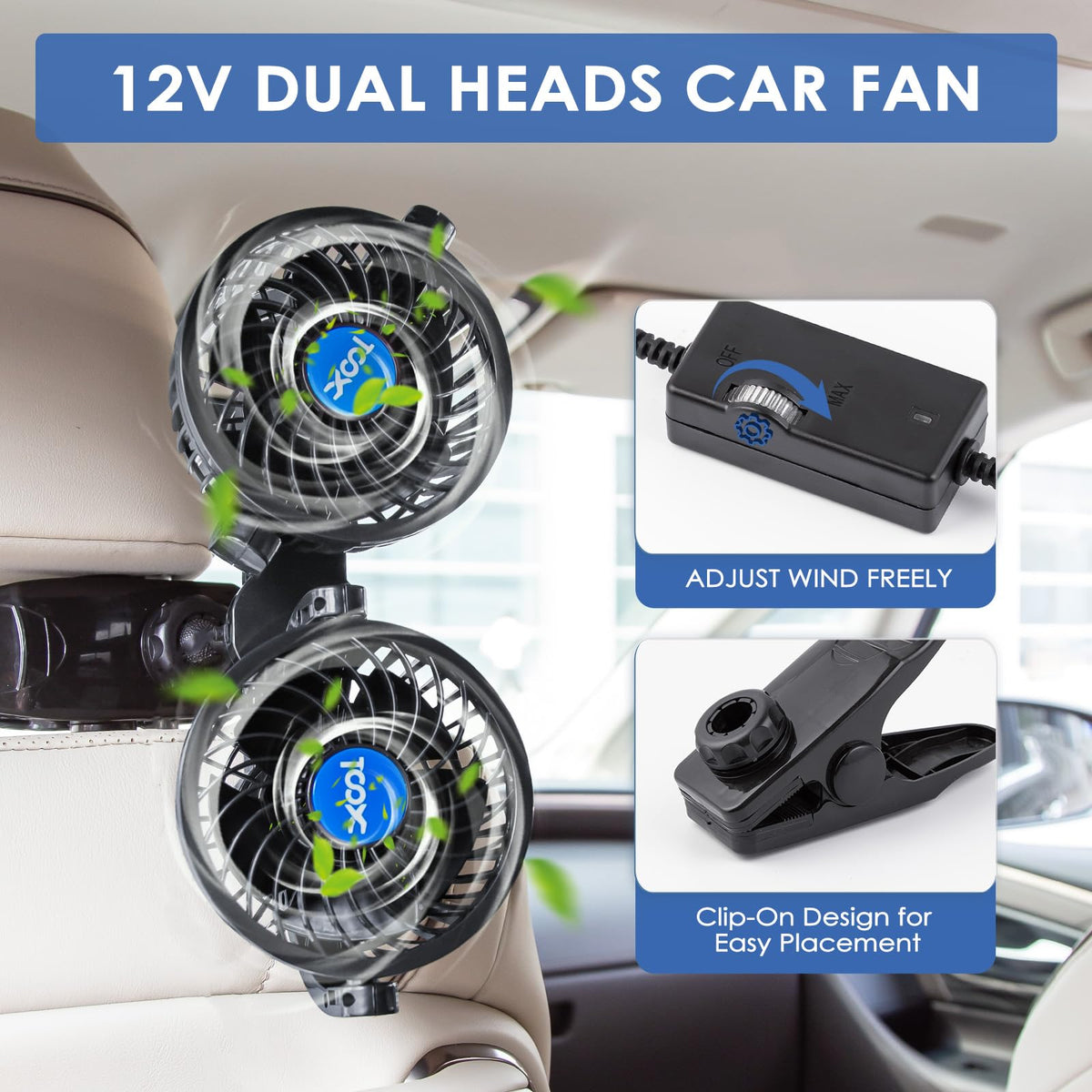 XOOL fan mounted on dashboard delivering directed cabin airflow