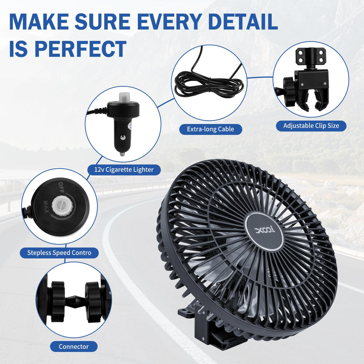 XOOL fan clipped to car backseat delivering directed airflow benefit