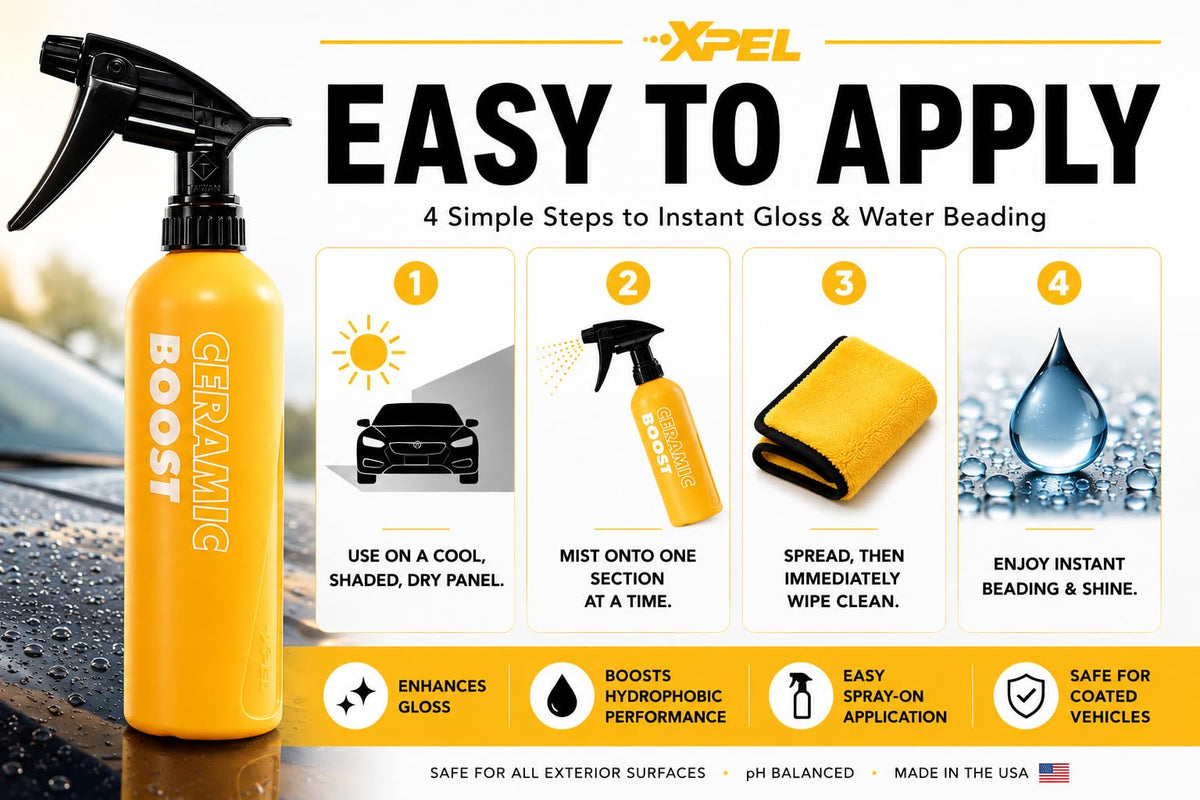 XPEL 16oz bottle beside a tape measure showing compact size and portable convenience