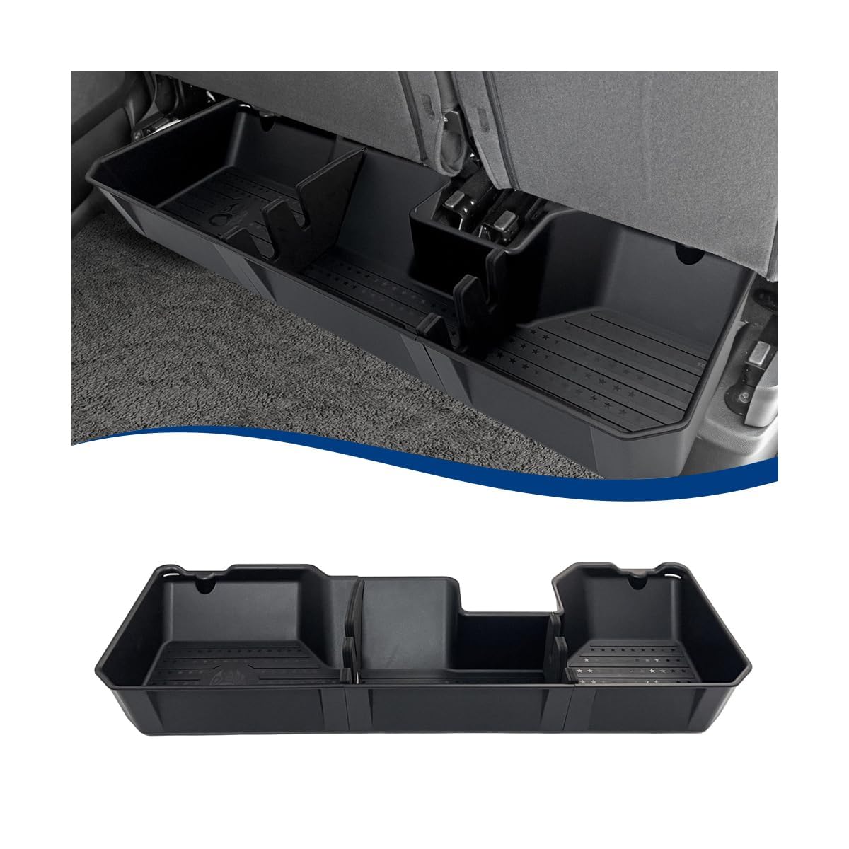 XPHAZZ front view of underseat organizer showing compact storage benefit