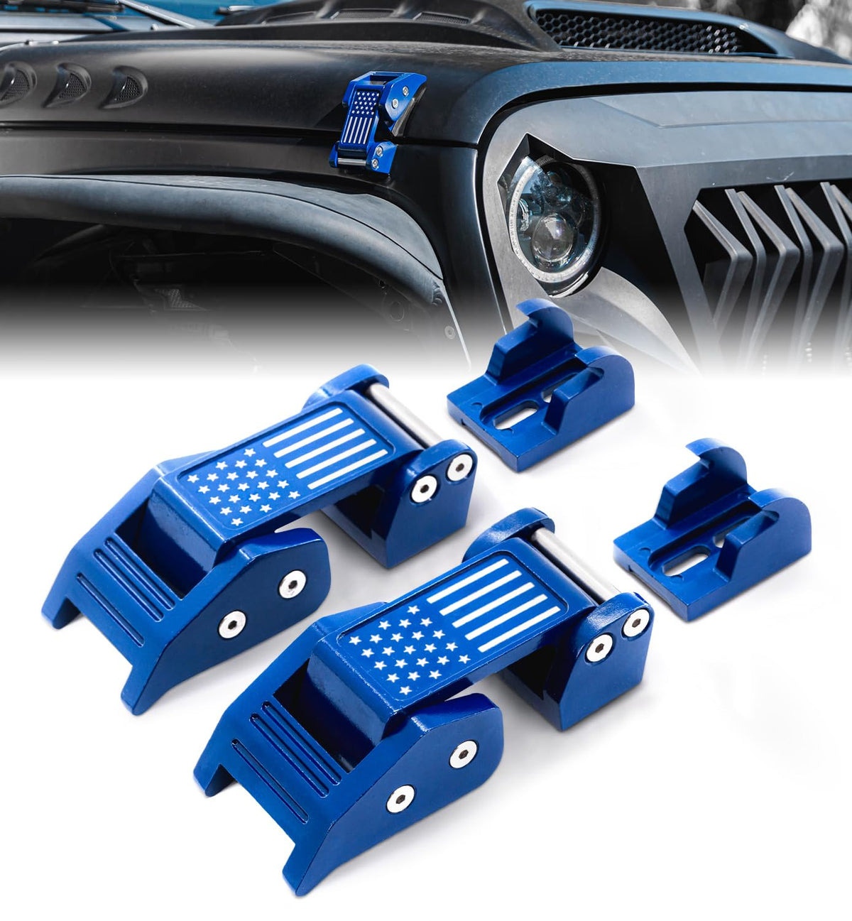Xprite blue U.S. flag hood latches front view showing bold finish and improved style