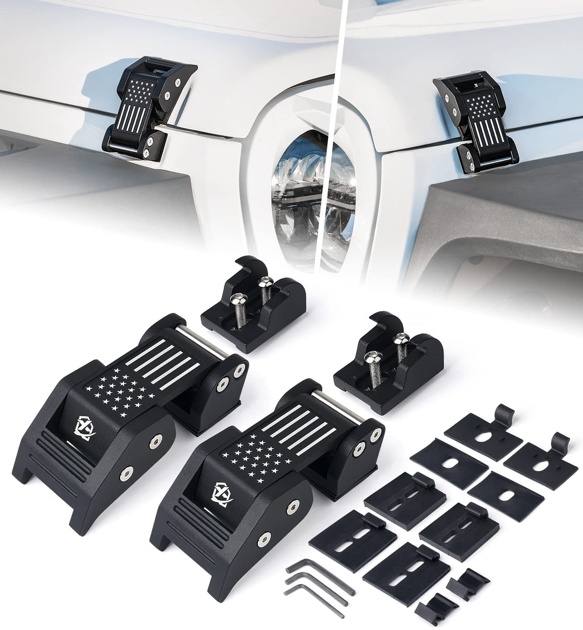 Xprite front view of hood latches showing fit and patriotic styling benefit