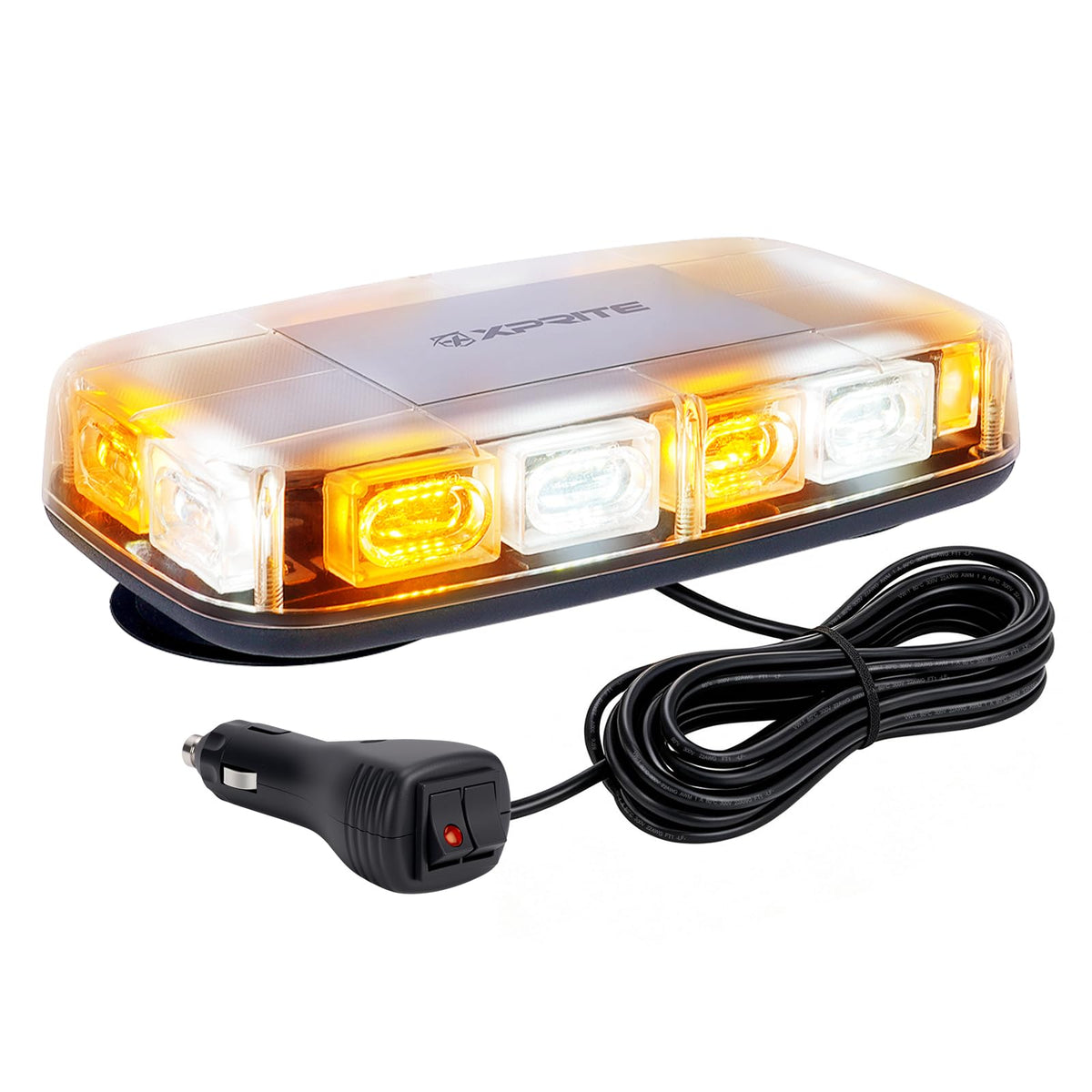 Xprite front view of 12" strobe showing mixed white and amber LEDs for high visibility